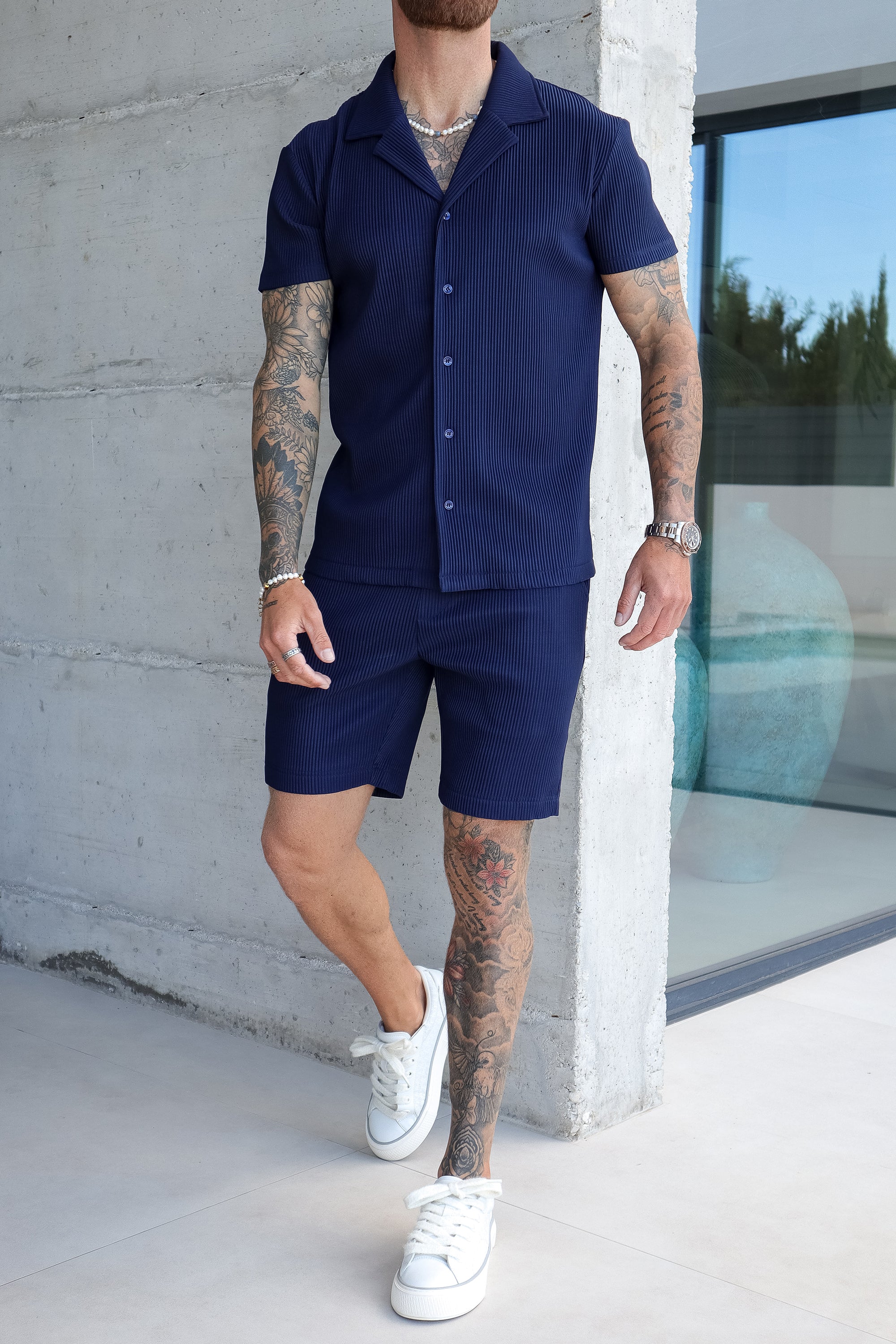 THE ICON.X ROSS CAMPBELL PLEATED SHORT SLEEVE SHIRT - NAVY BLUE