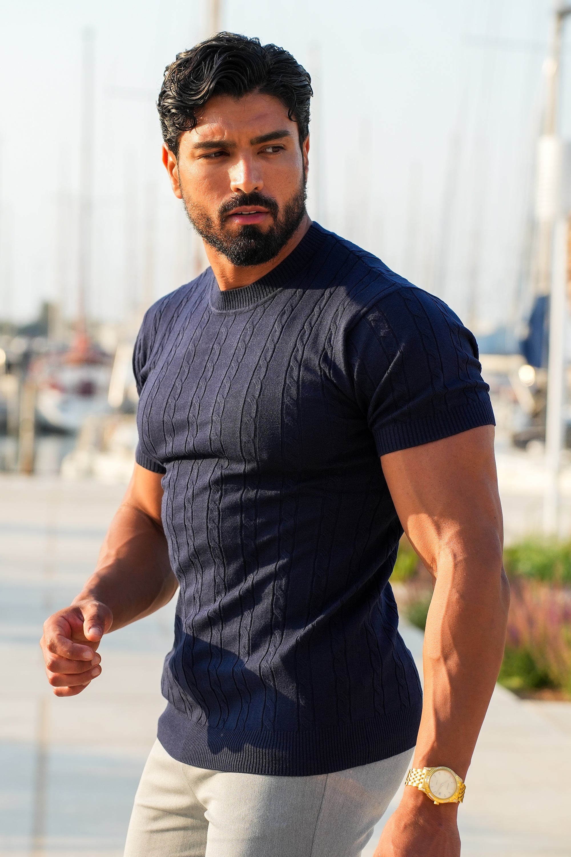 THE CABLE SHORT SLEEVE T-SHIRT - NAVY BLUE