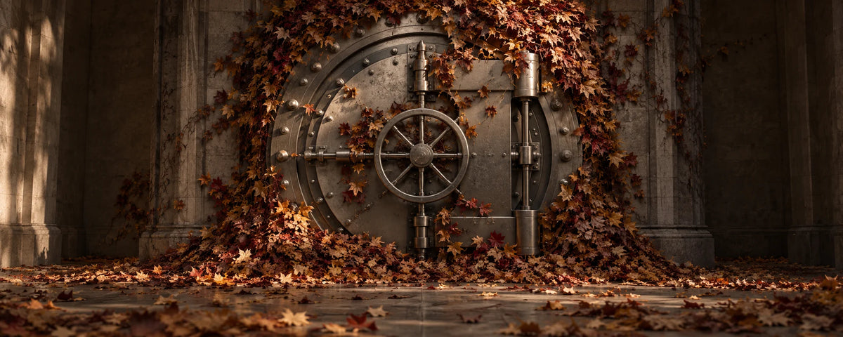 An autumn-covered vault door